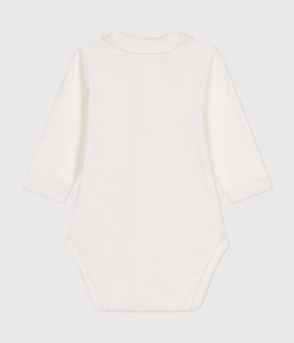 || Petit Bateau || Basis jongens babyromper voorsluiting met lange mouwen & kraag - Wit