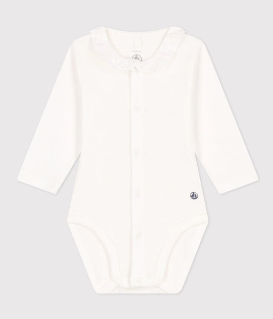 || Petit Bateau || Basis meisjes babyromper voorsluiting met kraagje - Wit